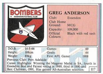 1992 AFL Regina #117 Greg Anderson Back